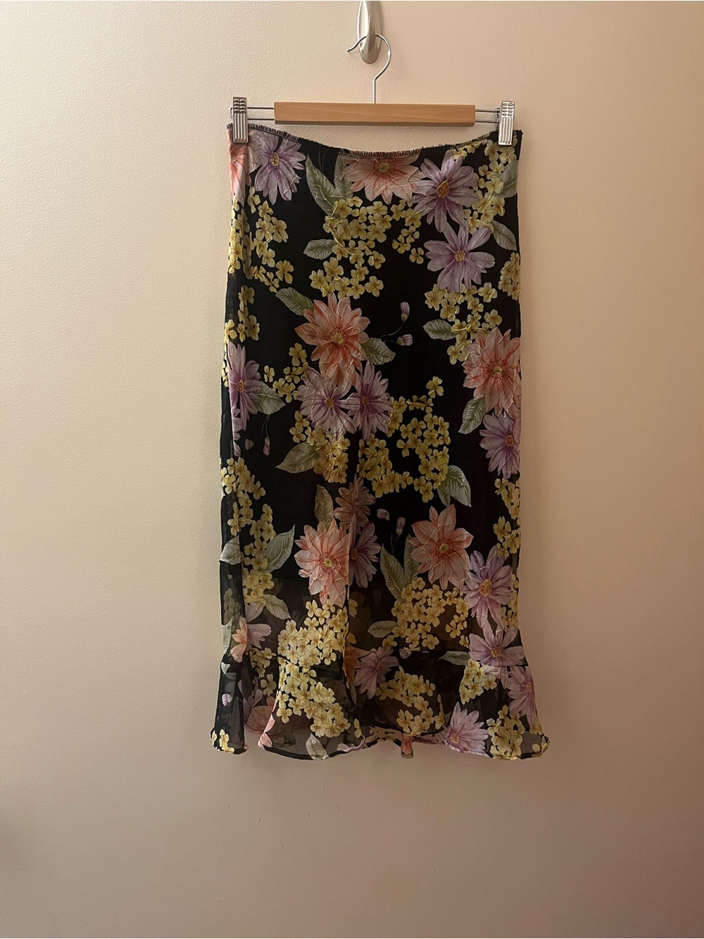 VTG Floral Midi Skirt in Black with Yellow & Pink Blossoms